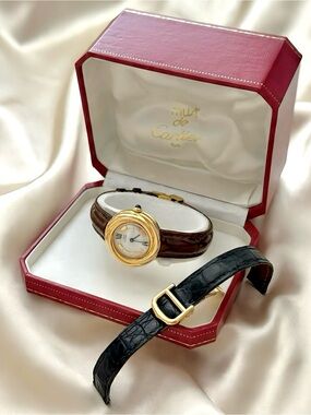 AUTHENTIC RARE VINTAGE CARTIER TRINITY BROWN LEATHER WATCH - W BOX & EXTRA STRAP